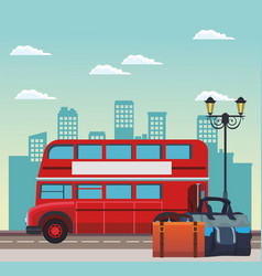 London Bus And Travel Bags On Stree Over Urban