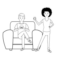 Millennial Couple Cartoon In Black And White