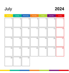 July 2024 Colorful Wall Calendar Week Starts