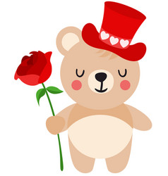 Valentine Teddy Bear With Red Hat Holding A Rose