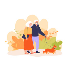 Happy Elderly Couple Walking Cute Dog Together