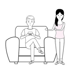 Millennial Couple Cartoon In Black And White