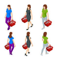 Woman With Grocery Basket Cart From Supermarket