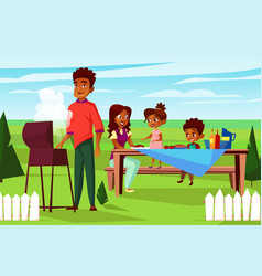 Cartoon African Family At Picnic Bbq Party