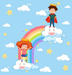 Happy Kids In In The Sky With Rainbow