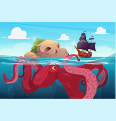 Octopus And Pirate Ship Sailing To Tropical Island