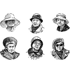 Freehand Drawings Portraits Various Old Women