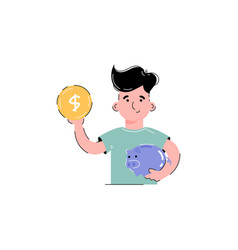 Guy Holds A Coin And A Piggy Bank In His Hands