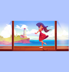 Girl On Terrace With Sea Lighthouse View Scene