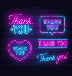 Thank You Set Neon Sign On Brick Wall Background