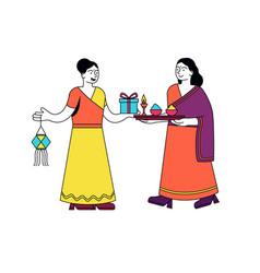 Indian Women Giving Gifts On Diwali Festival