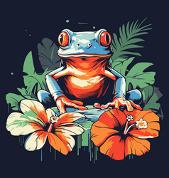 A Red Frog On Background Of Tropical Flowers