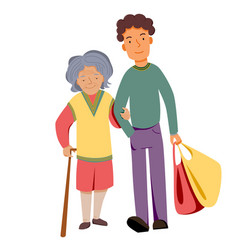 Son Carries Bags With Elderly Mother