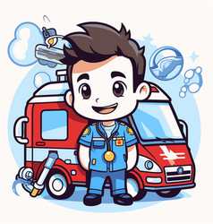 Fireman In Uniform With Fire Truck Of Cartoon