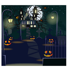 Road To Haunted House With Lanterns And Pumpkins