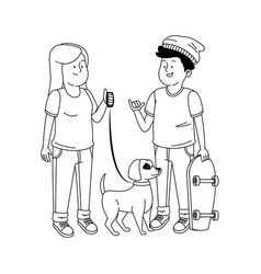 Teen Girl With A Dog And Boy With Skateboard