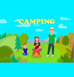 Family Camping Cartoon Postcard With Lettering