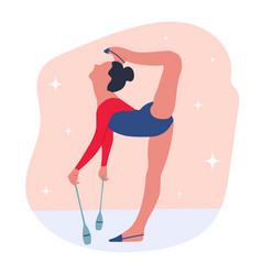 Cute Girl Practicing Rhythmic Gymnastic With Clubs