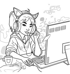 Asian Girl Gamer Or Streamer With Cat Ears