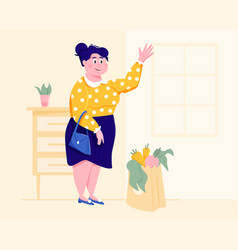 Happy Woman Holding A Purse And Waving Hand