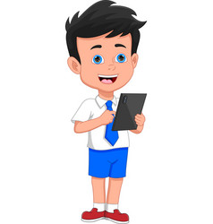 School Boy Holding Phone Tablet