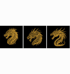 Set Of Japanese Dragon Gold Silhouettes Art