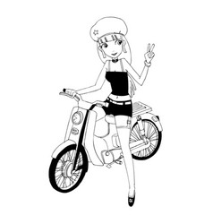 Happy Woman Riding A Motorcycle Cartoon Doodle