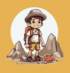 Cute Boy Hiker With Backpack And Hat