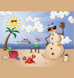 Sand Snowman Cartoon Character On A Tropical Beach