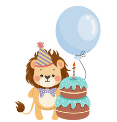 Cute Lion With Balloon And Happy Birthday Cake