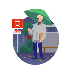 Man Waiting A Bus In The Rain Cartoon Flat