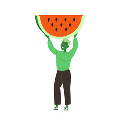 Happy Green Man Holding Huge Watermelon Slice