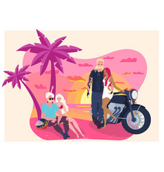 Two Men And Women Relaxing By A Motorcycle