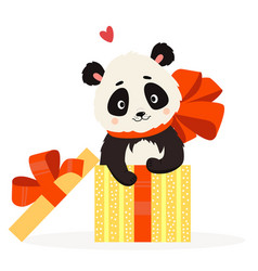 Cute Panda In Gift Box With Big Red Bow