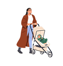 Happy Mother Walking With Baby Sleeping In Pram