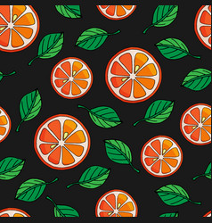 Pattern Orange Slices With Green Leaves On Black