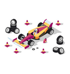 3d Isometric Sport Car At Pit Stop With Wheels