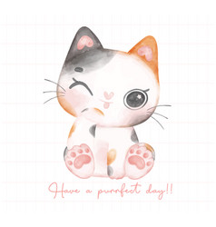 Cute Calico Cat Licking Paw Cartoon Watercolor