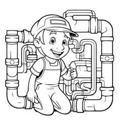 Black And White Cartoon Of Cute Plumber