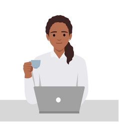 Girl Work At Laptop Pc Drinking Coffee At