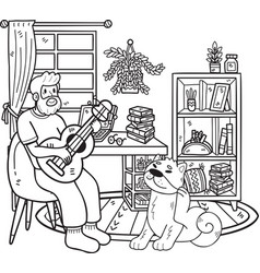 Hand Drawn Elderly Playing Guitar With Dog