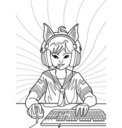 Asian Girl Gamer Or Streamer With Cat Ears Headset