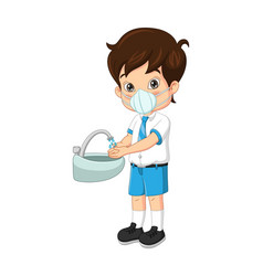 Cute Student Boy Wearing Face Masks Washing Hands