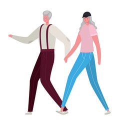 Senior Woman And Man Cartoons Walking Holding