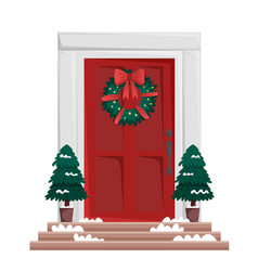 Red Door With Christmas Wreath On White Background