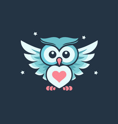 Cute Owl With Heart And Wings In Cartoon Style