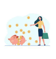 Happy Woman Taking Money From Piggy Bank