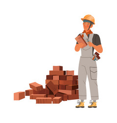 Man Builder Character Laying Bricks With Trowel