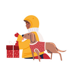 Boy And Dog With Christmas Gift