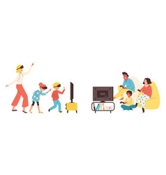 Parents And Kids Playing Video Games Flat Cartoon